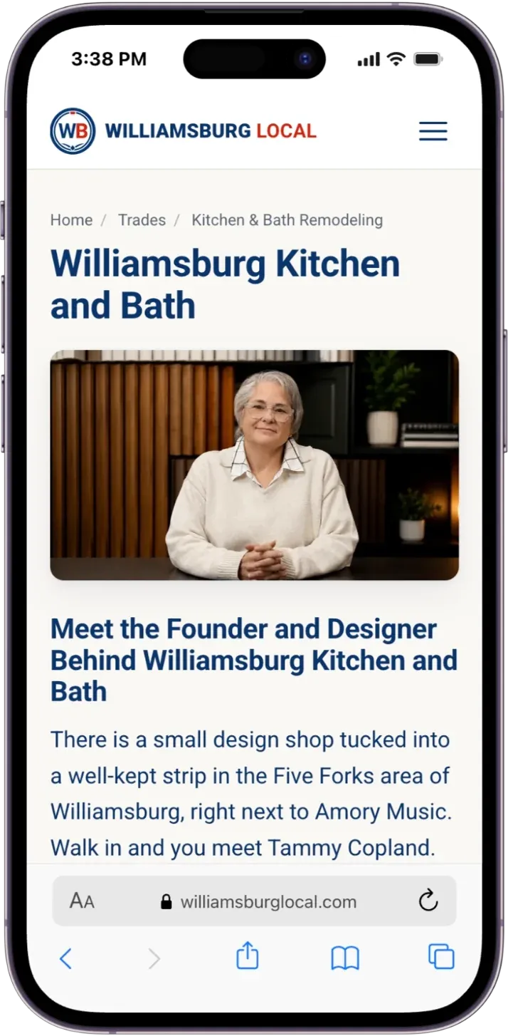 A Williamsburg Local spotlight page shown on a phone, featuring a local business owner